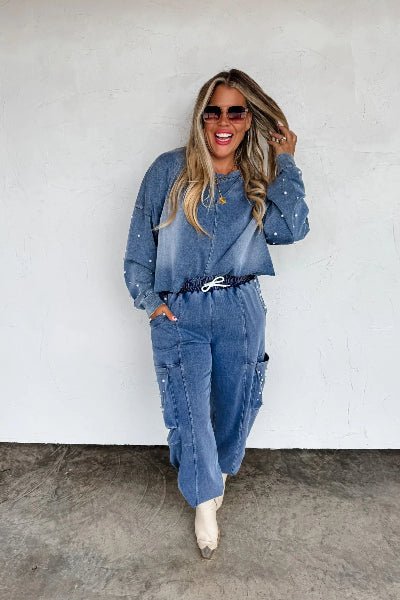 PREORDER: Friday Night Pearls Set – Stretchy Washed Denim, Cargo Joggers & Cropped Top | Preorder Ends 8/26 - Cowtown Bling N Things