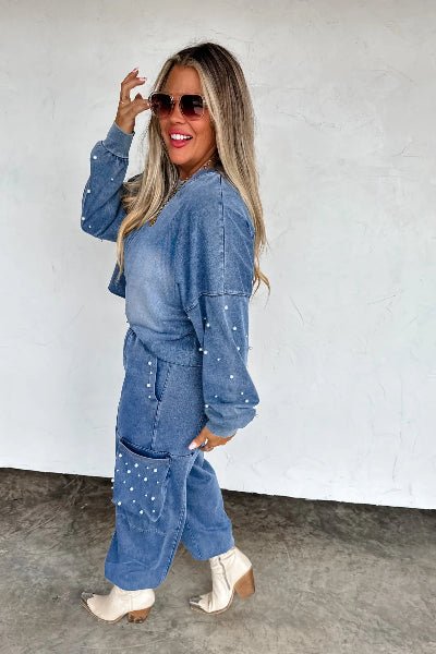 PREORDER: Friday Night Pearls Set – Stretchy Washed Denim, Cargo Joggers & Cropped Top | Preorder Ends 8/26 - Cowtown Bling N Things