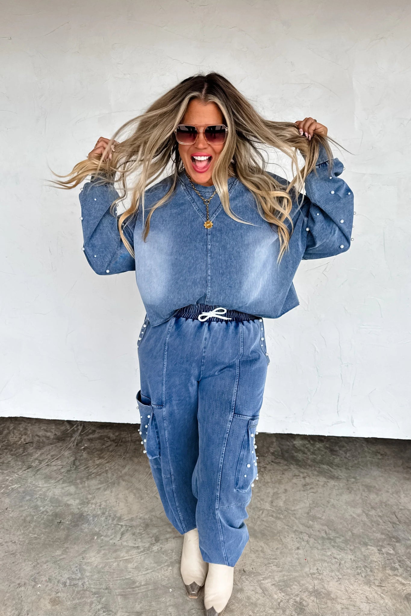 PREORDER: Friday Night Pearls Set – Stretchy Washed Denim, Cargo Joggers & Cropped Top | Preorder Ends 8/26 - Cowtown Bling N Things