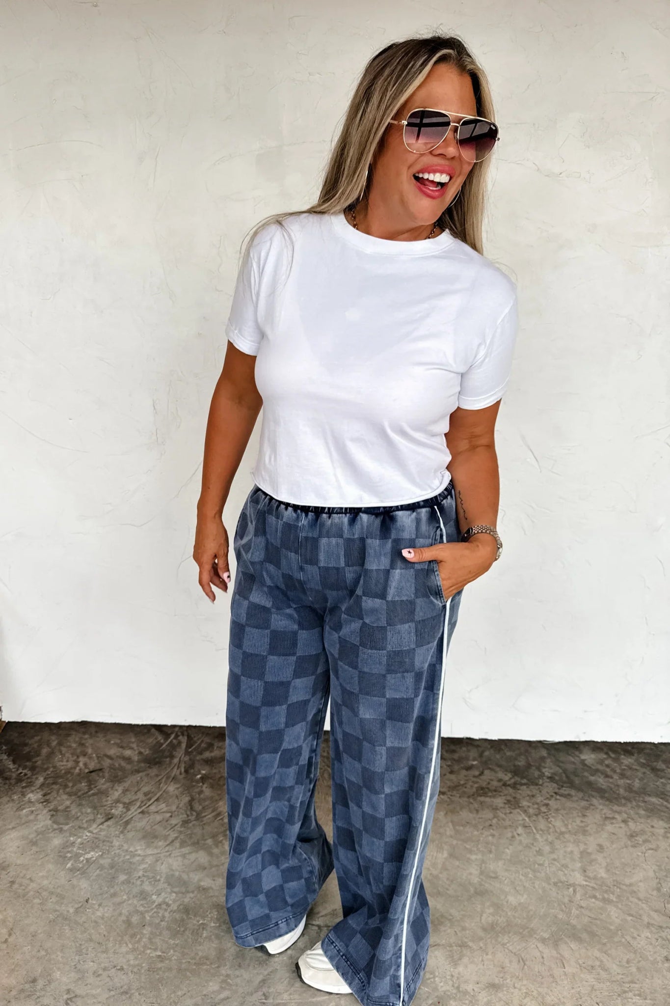PREORDER: Victory Checkerboard Wide - Leg Denim Pants| Preorder ends 8/26 - Cowtown Bling N Things