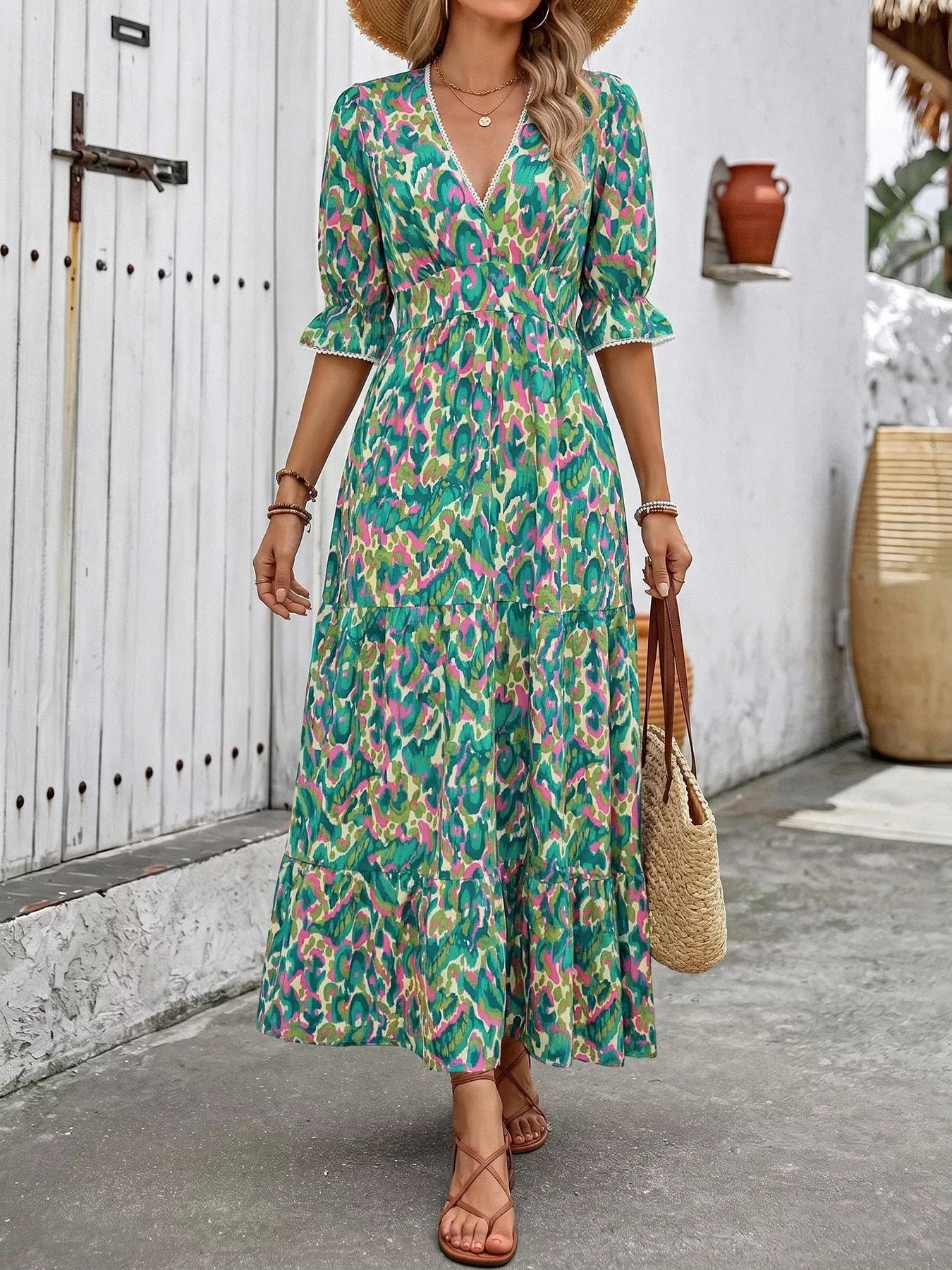 Printed V - Neck Flounce Sleeve Dress - Cowtown Bling N Things