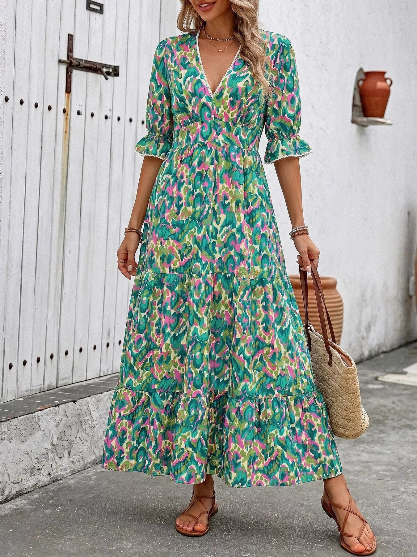 Printed V - Neck Flounce Sleeve Dress - Cowtown Bling N Things