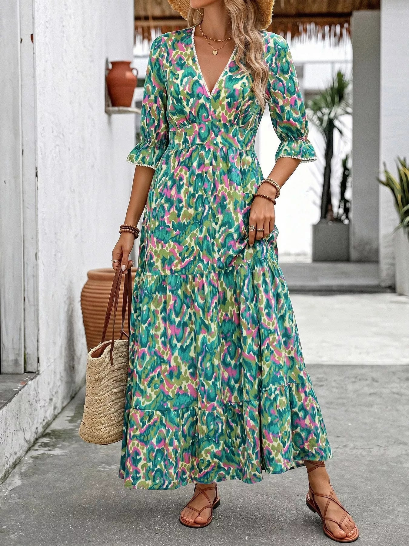 Printed V - Neck Flounce Sleeve Dress - Cowtown Bling N Things