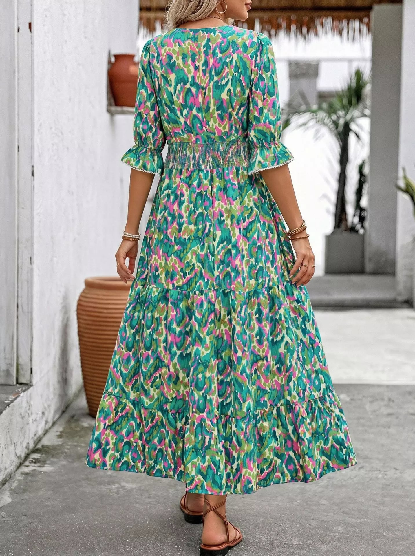 Printed V - Neck Flounce Sleeve Dress - Cowtown Bling N Things