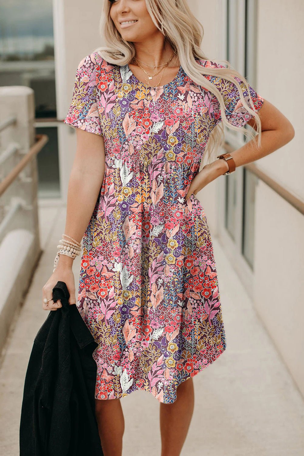 Red Foral Print Short Sleeve A - line High Waist Dress - Cowtown Bling N Things