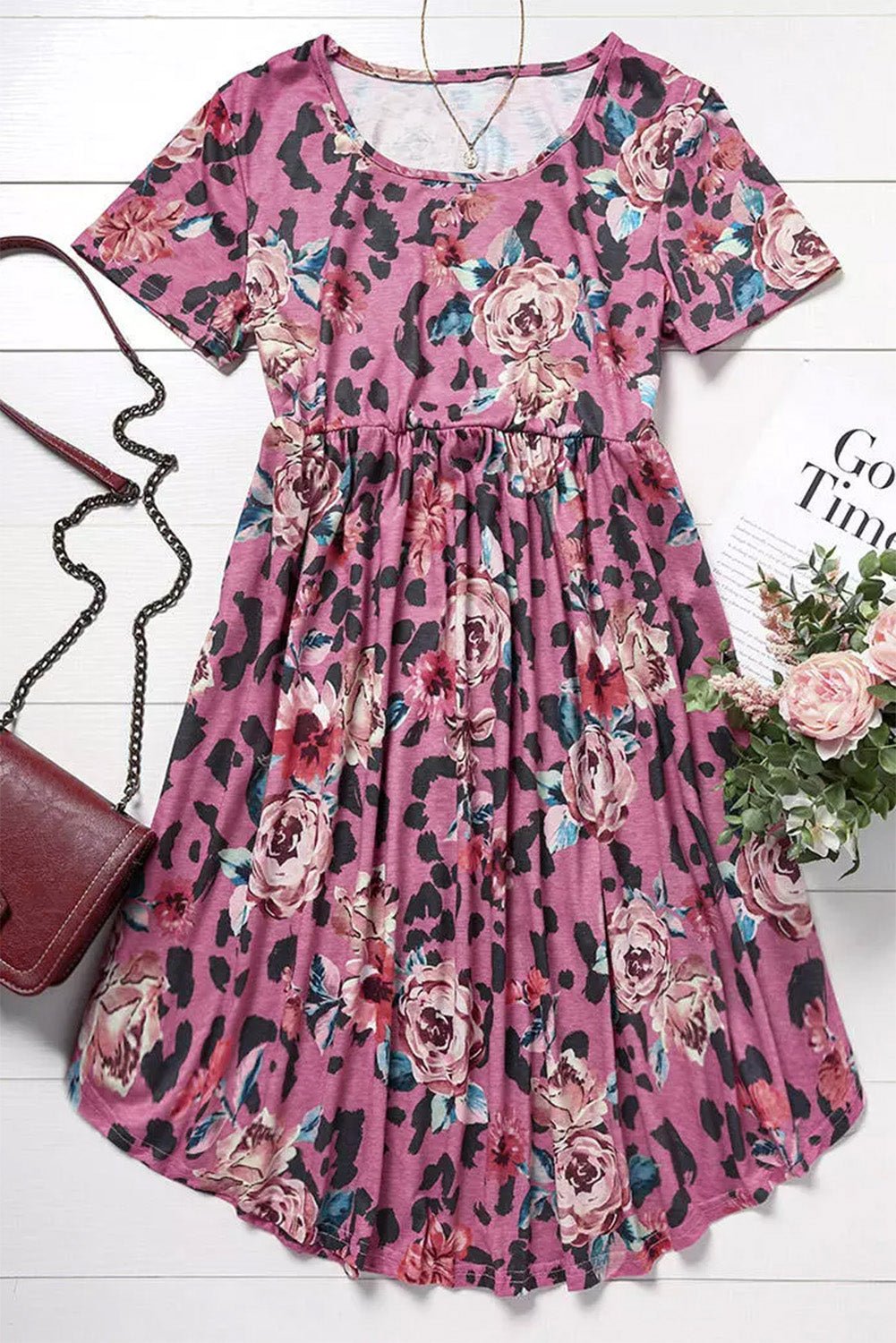 Red Foral Print Short Sleeve A - line High Waist Dress - Cowtown Bling N Things