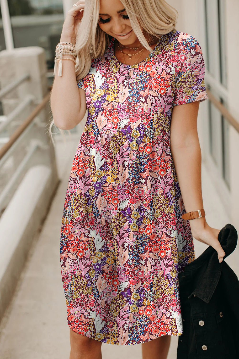 Red Foral Print Short Sleeve A - line High Waist Dress - Cowtown Bling N Things