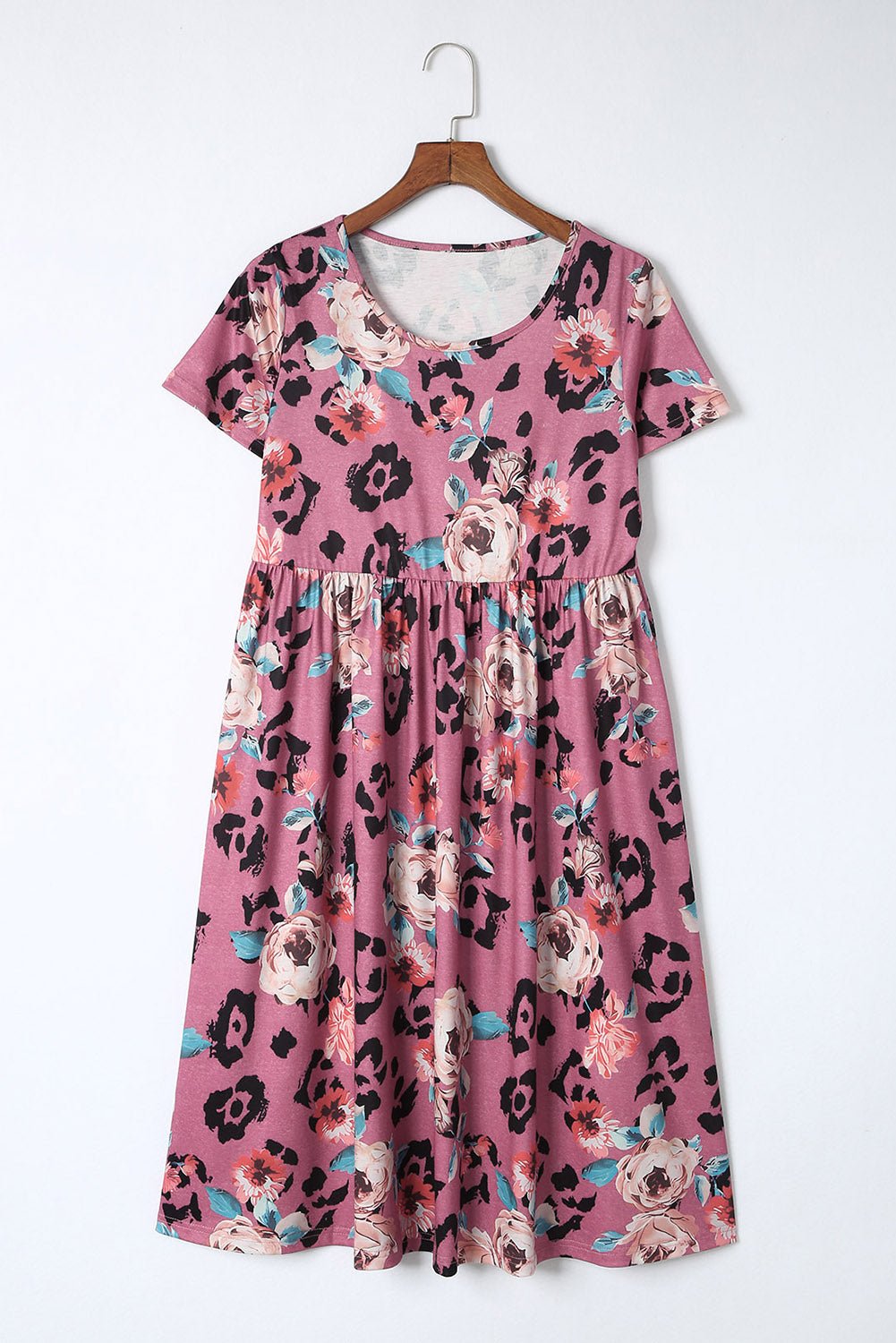 Red Foral Print Short Sleeve A - line High Waist Dress - Cowtown Bling N Things