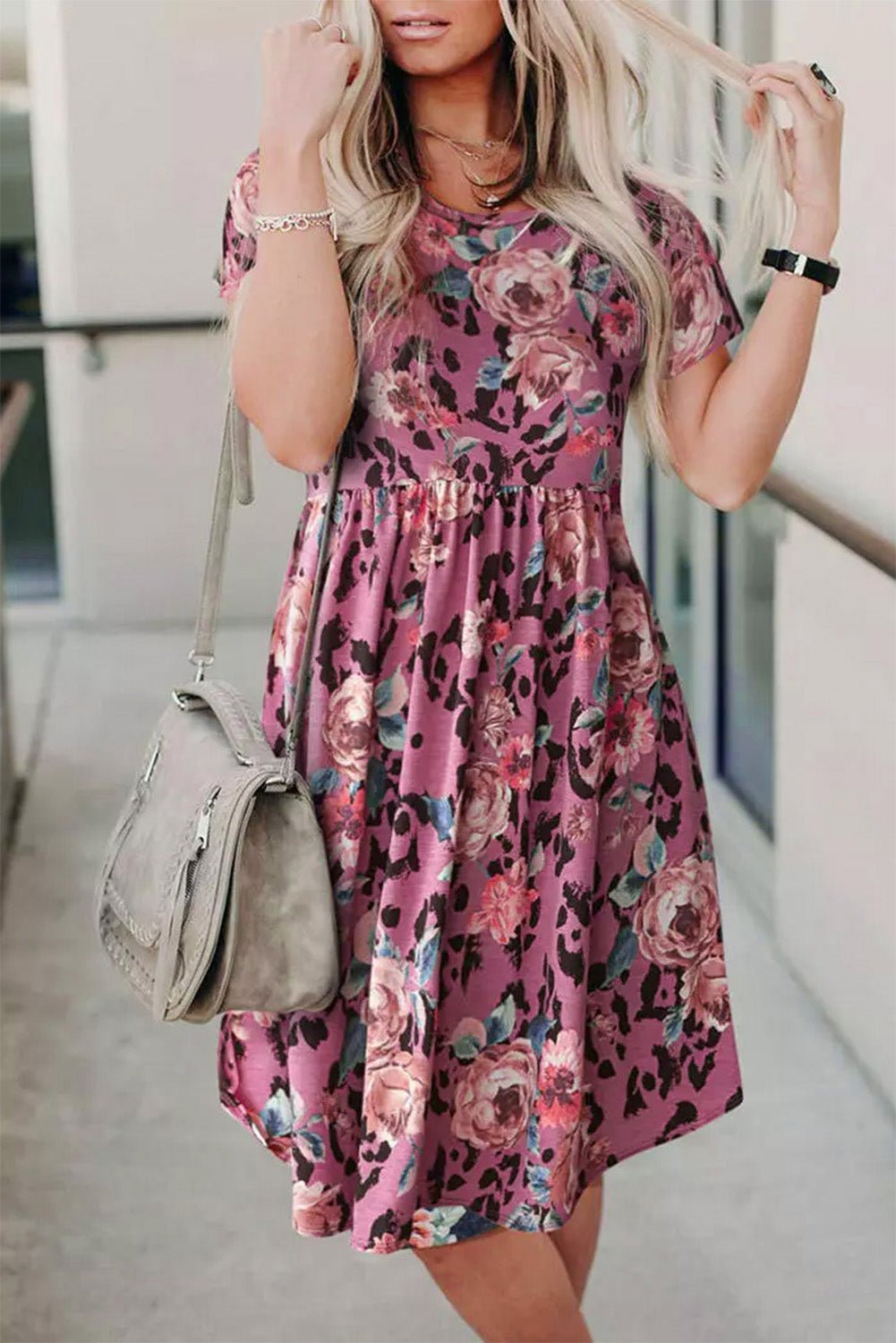 Red Foral Print Short Sleeve A - line High Waist Dress - Cowtown Bling N Things