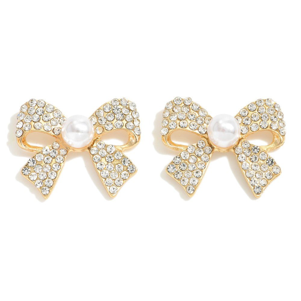 Rhinestone and Pearl Bow Stud Earrings - Cowtown Bling N Things