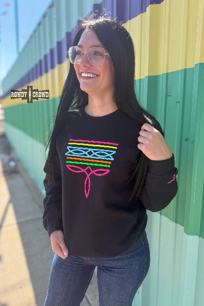 Rowdy Crowd Clothing BLACK Neon Boot Stitch Sweater - Cowtown Bling N Things