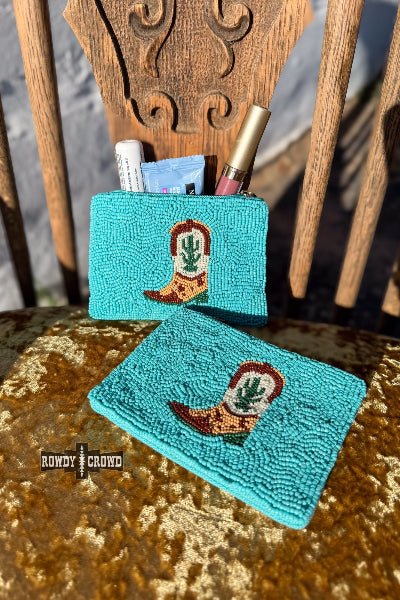 Rowdy Crowd Hey Cowboy Beaded Cosmetic Bag – Turquoise Western Boot Design - Cowtown Bling N Things