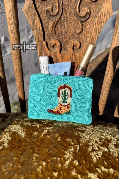 Rowdy Crowd Hey Cowboy Beaded Cosmetic Bag – Turquoise Western Boot Design - Cowtown Bling N Things