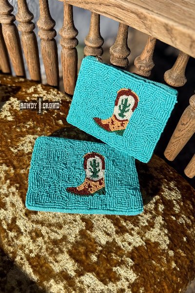 Rowdy Crowd Hey Cowboy Beaded Cosmetic Bag – Turquoise Western Boot Design - Cowtown Bling N Things