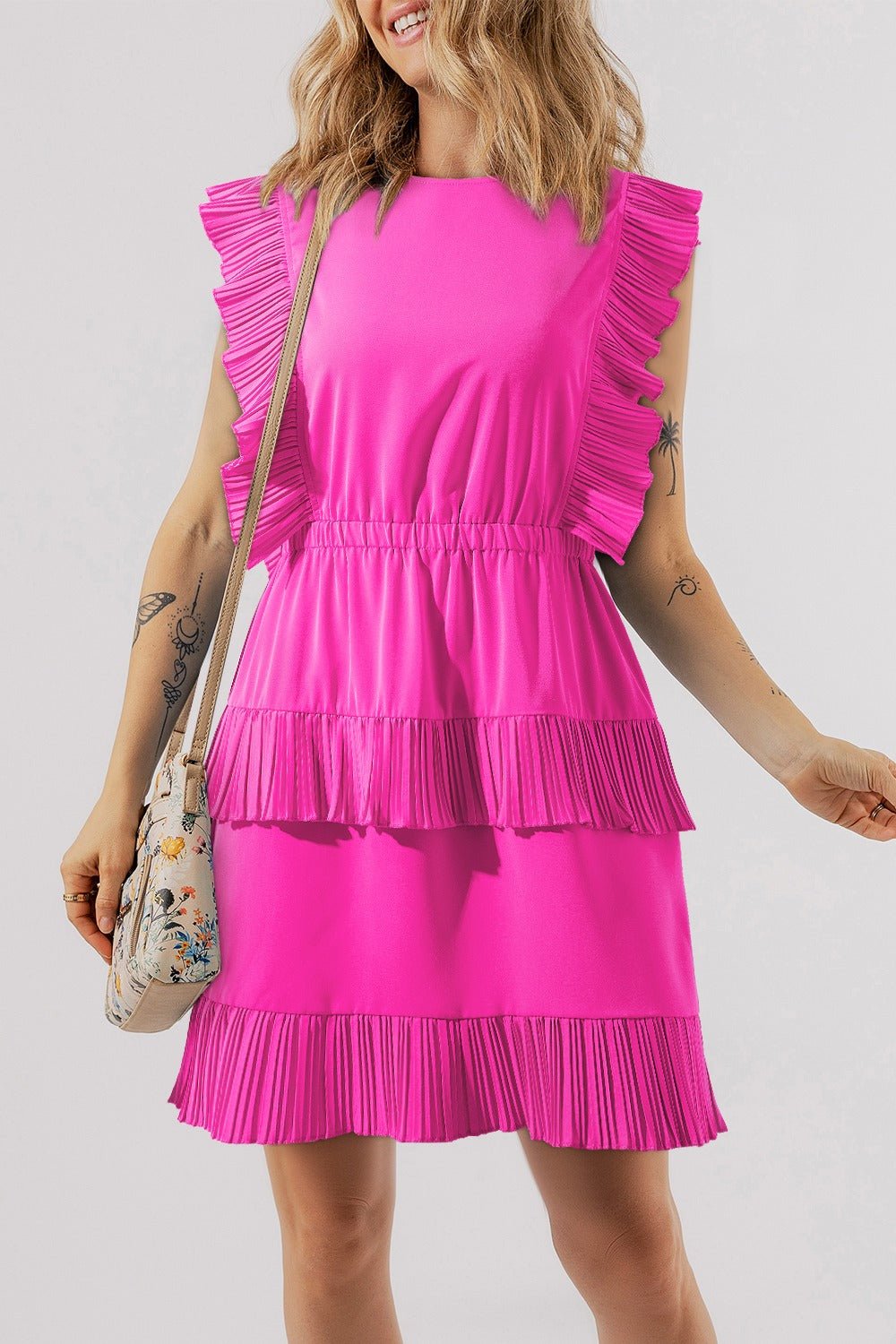 Ruched Round Neck Cap Sleeve Mini Dress - Cowtown Bling N Things
