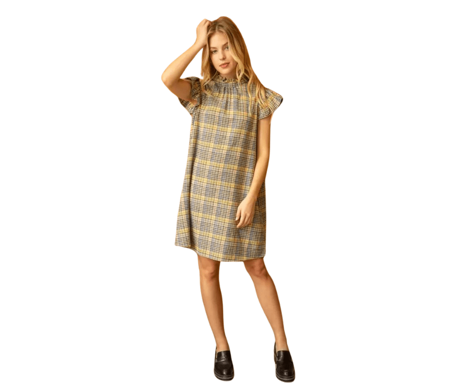 Ruffle Sleeve Tie Back Plaid Dress - Cowtown Bling N Things