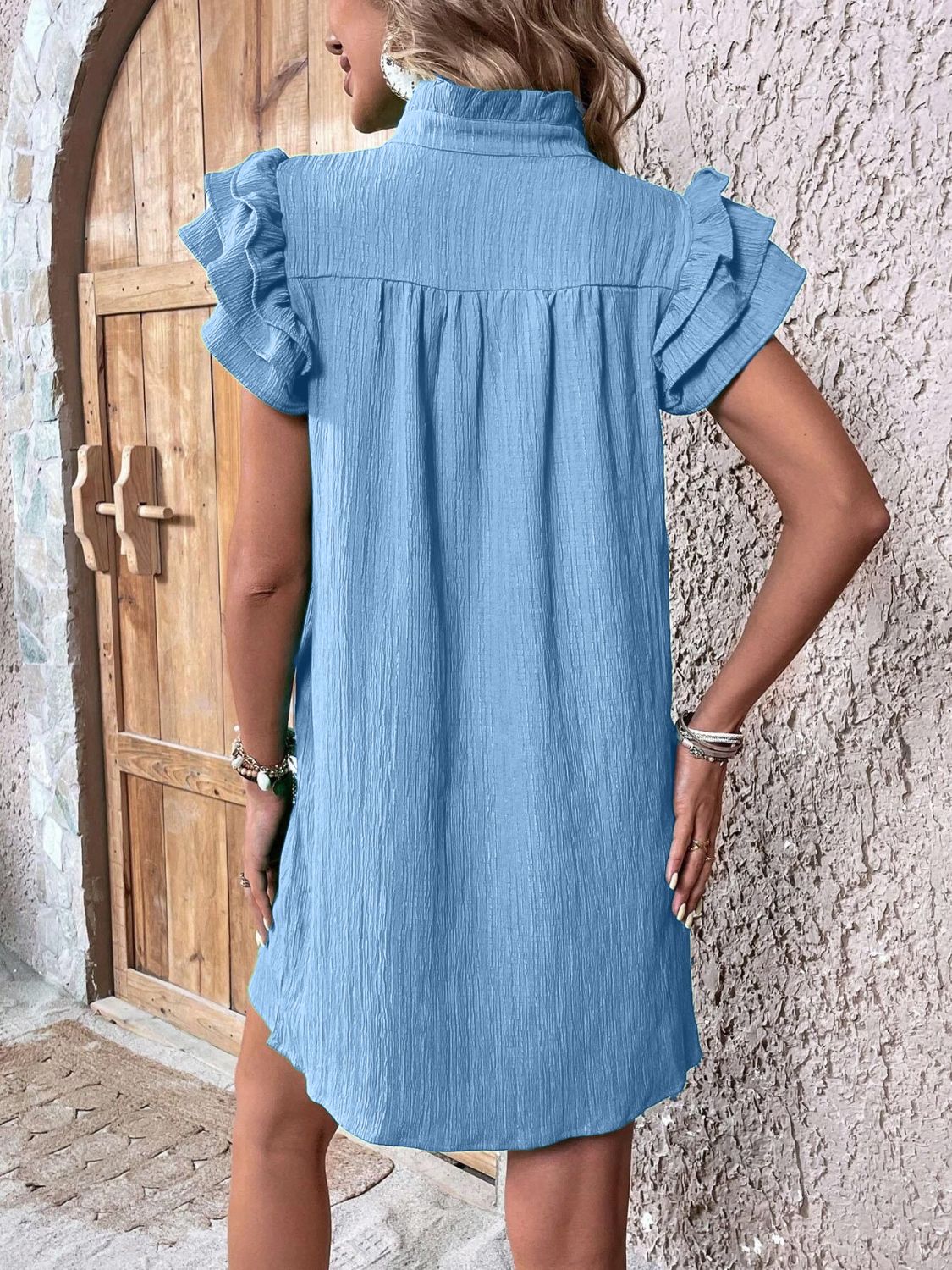 Ruffled Notched Cap Sleeve Mini Dress - Cowtown Bling N Things