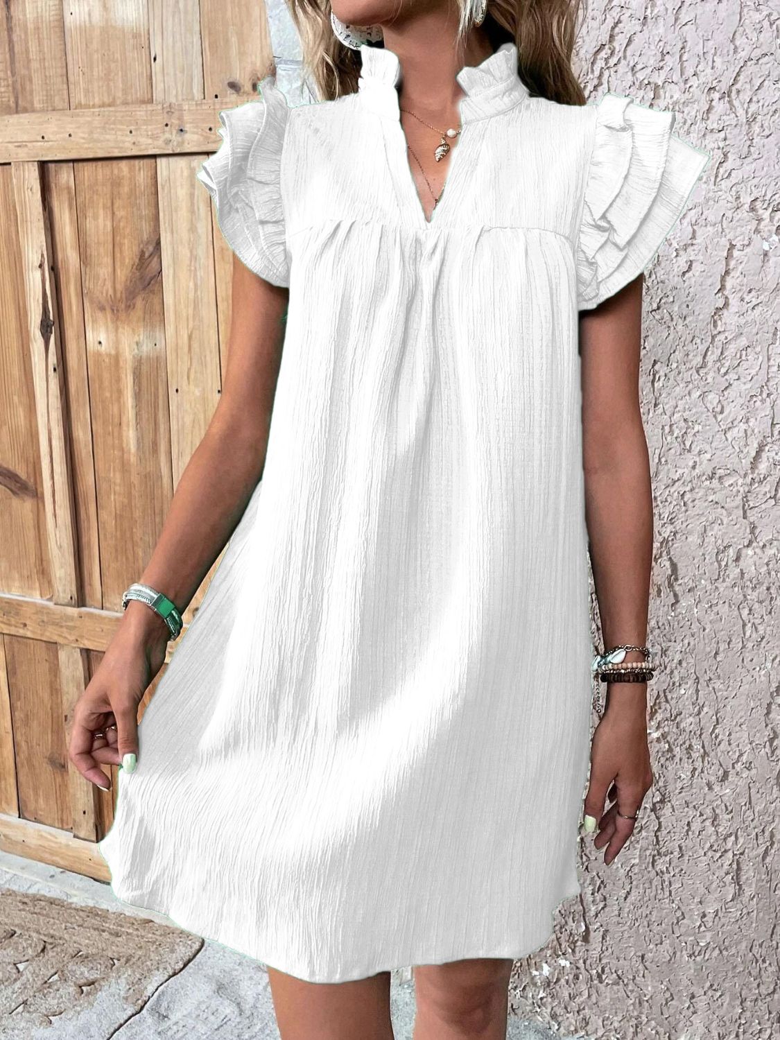 Ruffled Notched Cap Sleeve Mini Dress - Cowtown Bling N Things
