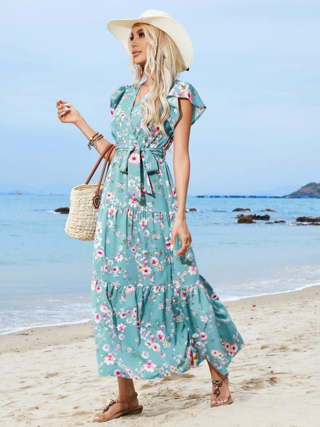 Ruffled Printed Surplice Cap Sleeve Midi Dress - Cowtown Bling N Things