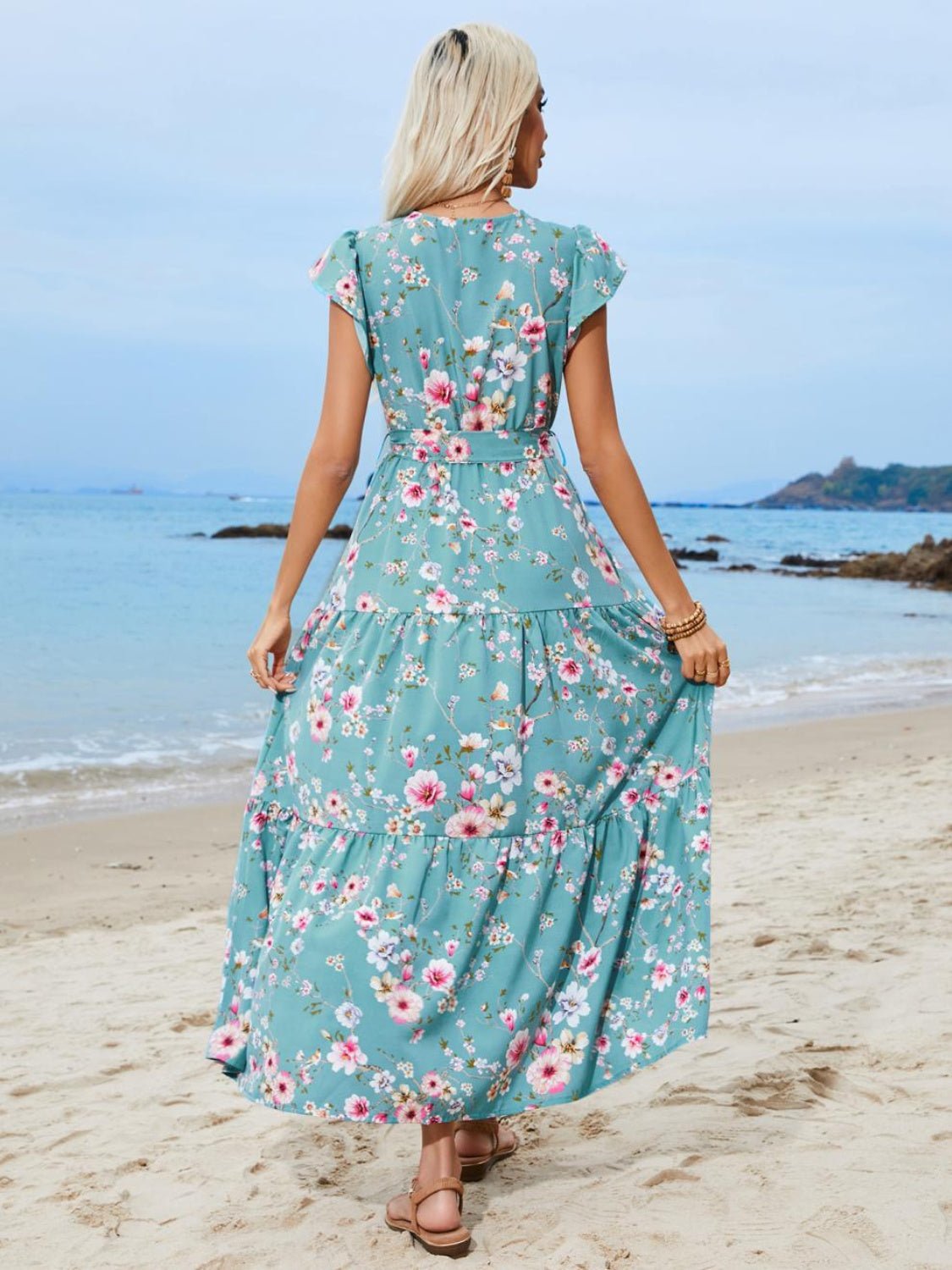 Ruffled Printed Surplice Cap Sleeve Midi Dress - Cowtown Bling N Things