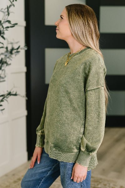 Safe and Secure Mineral Wash Pullover in Light Olive - Cowtown Bling N Things
