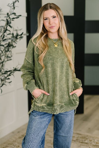 Safe and Secure Mineral Wash Pullover in Light Olive - Cowtown Bling N Things