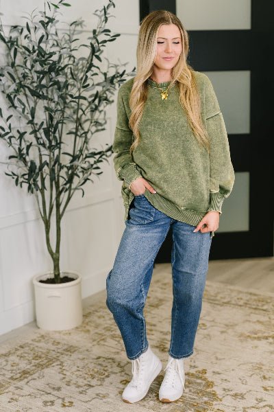 Safe and Secure Mineral Wash Pullover in Light Olive - Cowtown Bling N Things