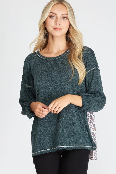 She + Sky Long Sleeve Knit Top – Back Animal Print Contrast | Cowtown Bling N Things - Cowtown Bling N Things