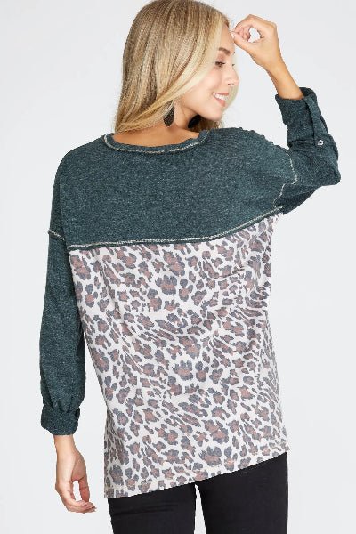 She + Sky Long Sleeve Knit Top – Back Animal Print Contrast | Cowtown Bling N Things - Cowtown Bling N Things