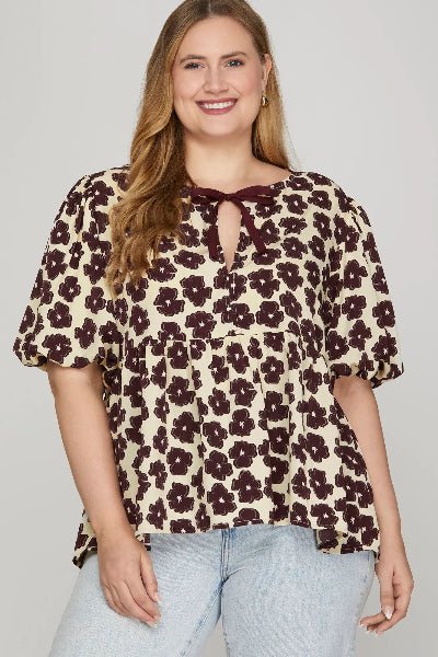 She + Sky PLUS Puff Sleeve Floral Babydoll Top – Bow Tie Front | Cowtown Bling N Things - Cowtown Bling N Things