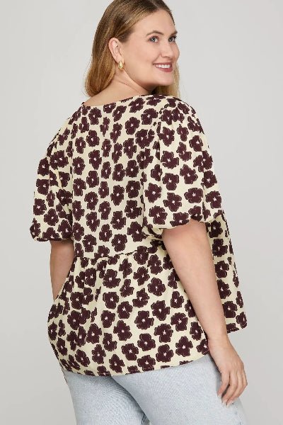 She + Sky PLUS Puff Sleeve Floral Babydoll Top – Bow Tie Front | Cowtown Bling N Things - Cowtown Bling N Things