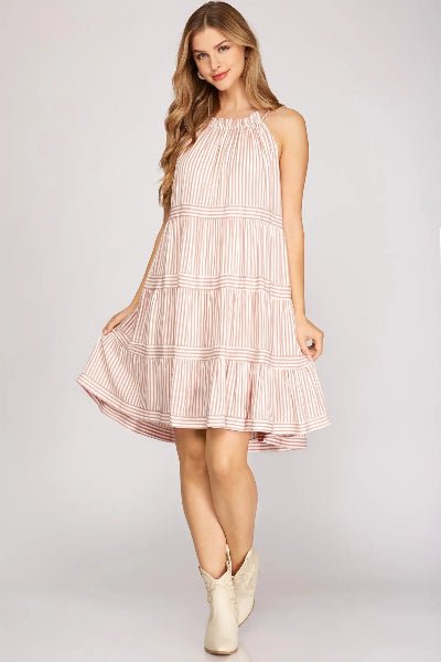 She + Sky Sleeveless Striped A - Line Dress – Rose | Boutique Woven Dress - Cowtown Bling N Things
