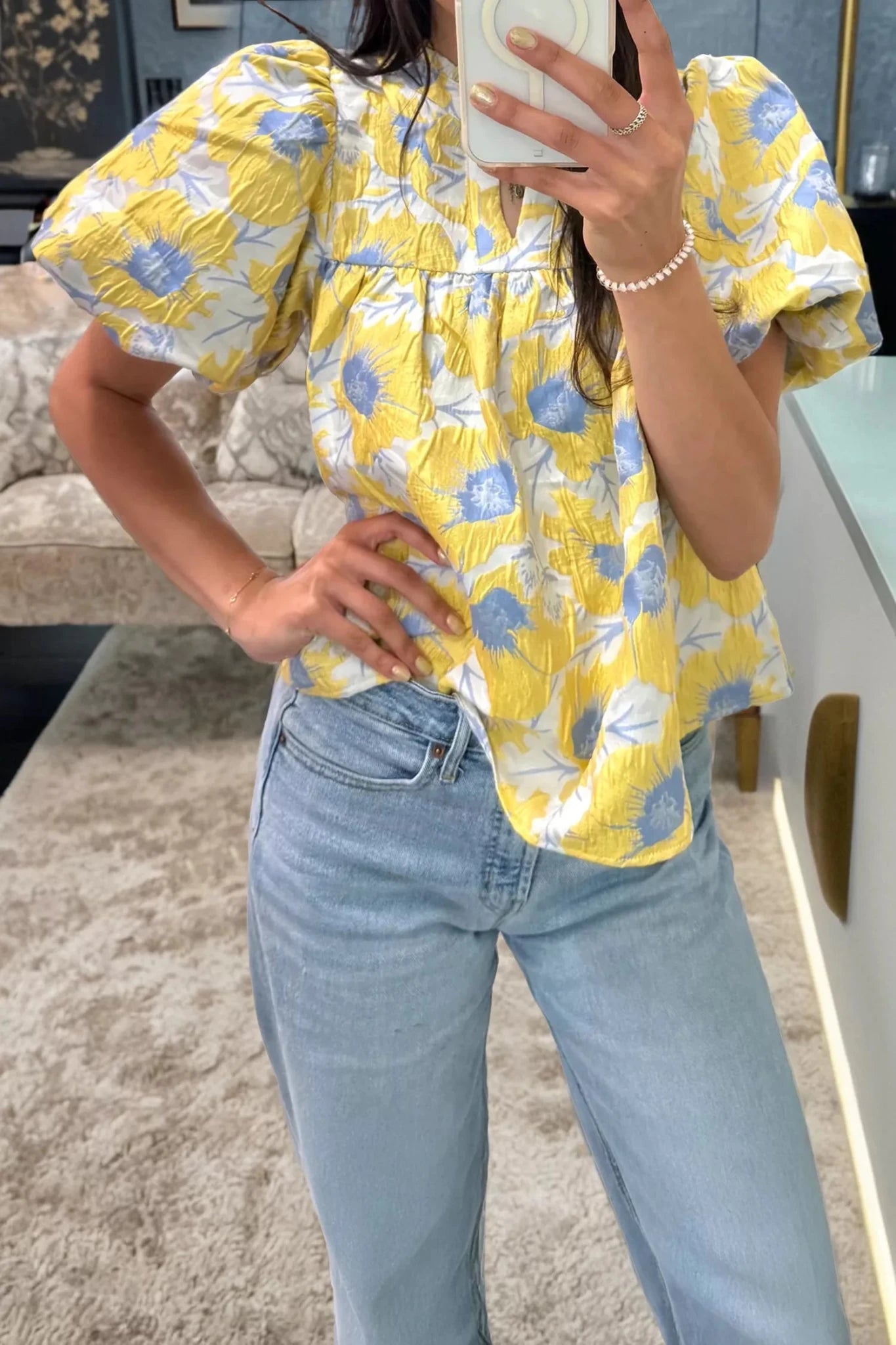 Short Bubble Sleeve Summer Floral Blouse - Cowtown Bling N Things