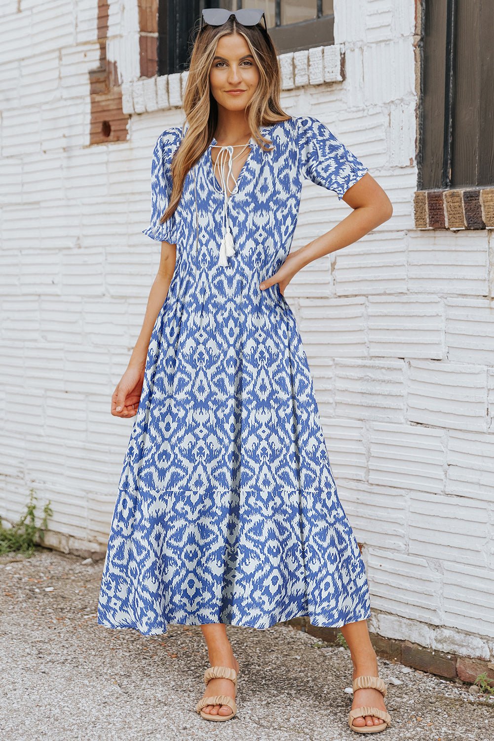 Sky Blue Geometric Print Casual V Neck Maxi Dress - Cowtown Bling N Things
