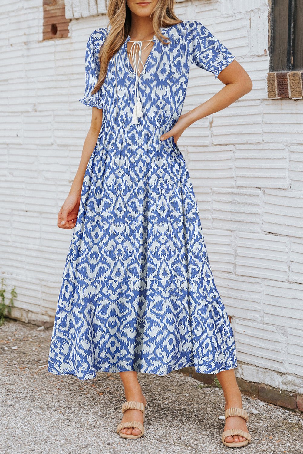 Sky Blue Geometric Print Casual V Neck Maxi Dress - Cowtown Bling N Things