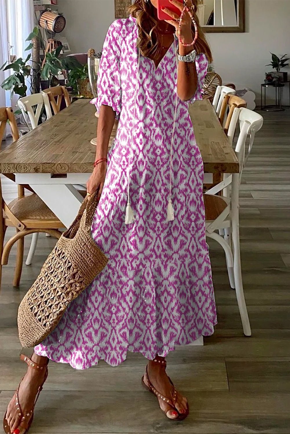 Sky Blue Geometric Print Casual V Neck Maxi Dress - Cowtown Bling N Things