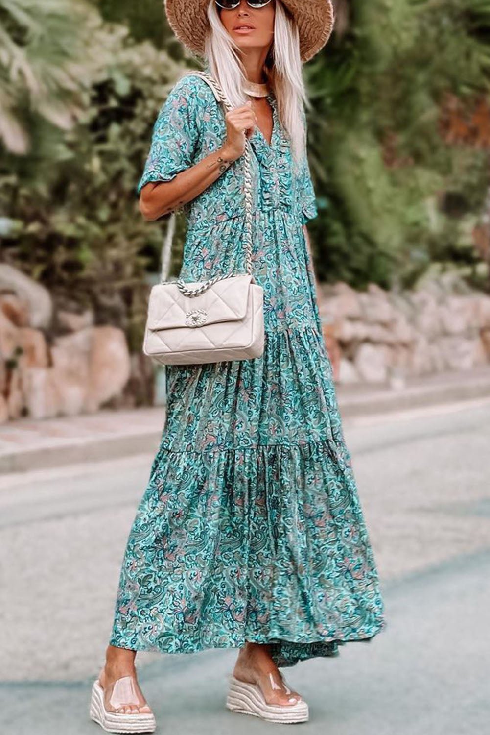 Sky Blue Paisley Print Split V Neck Tiered Boho Maxi Dress - Cowtown Bling N Things
