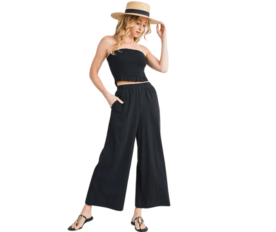 Smocked Tube Top & Linen Wide Leg Pants Set - Cowtown Bling N Things