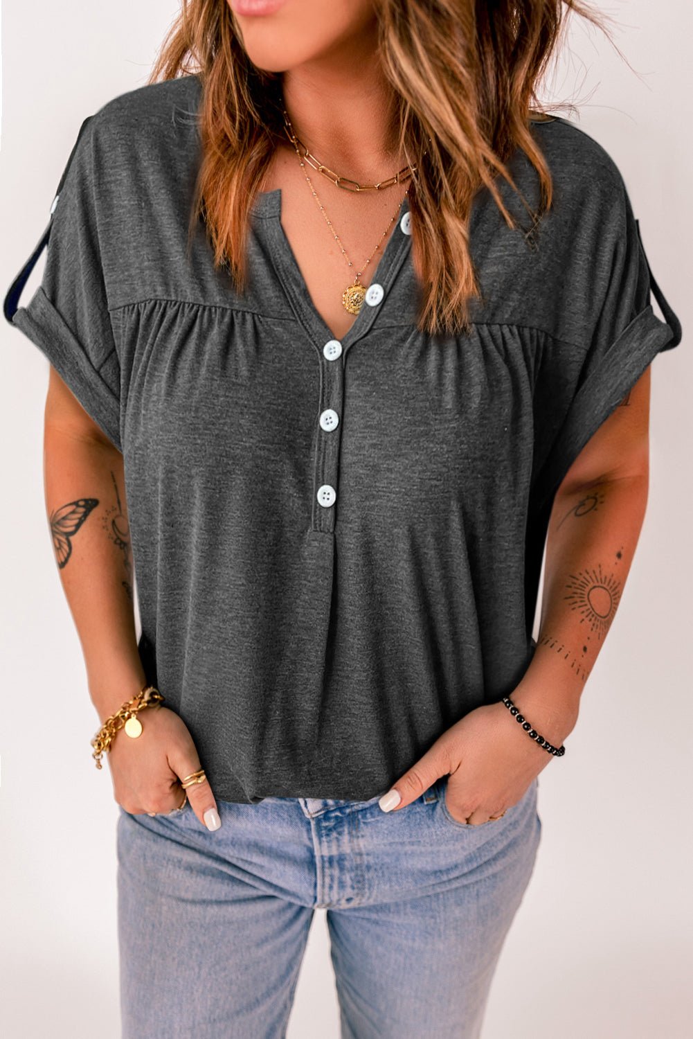 Solid Button V Neck Short Sleeve Top - Cowtown Bling N Things