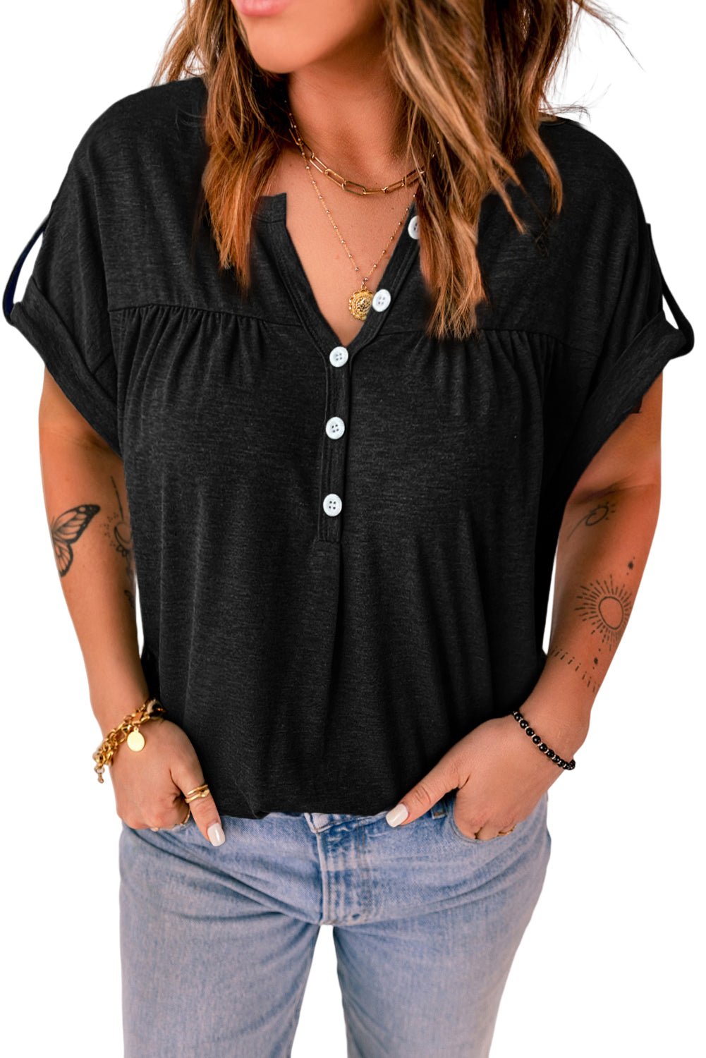 Solid Button V Neck Short Sleeve Top - Cowtown Bling N Things