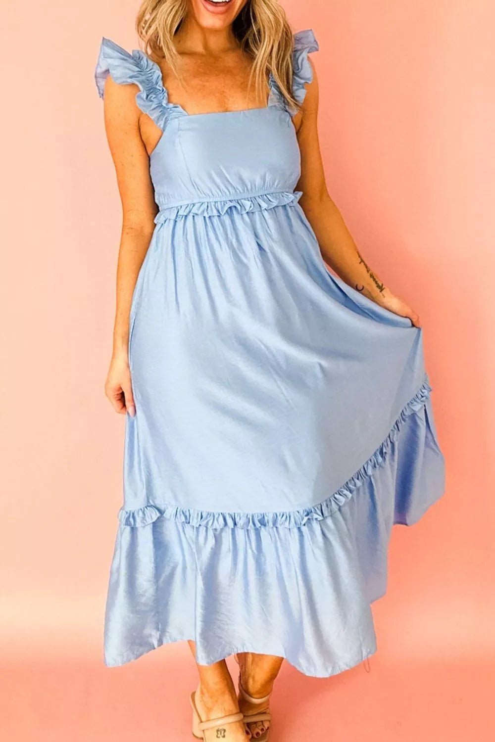 Solid Color Ruffle Trim High Waist Sleeveless Dress - Cowtown Bling N Things