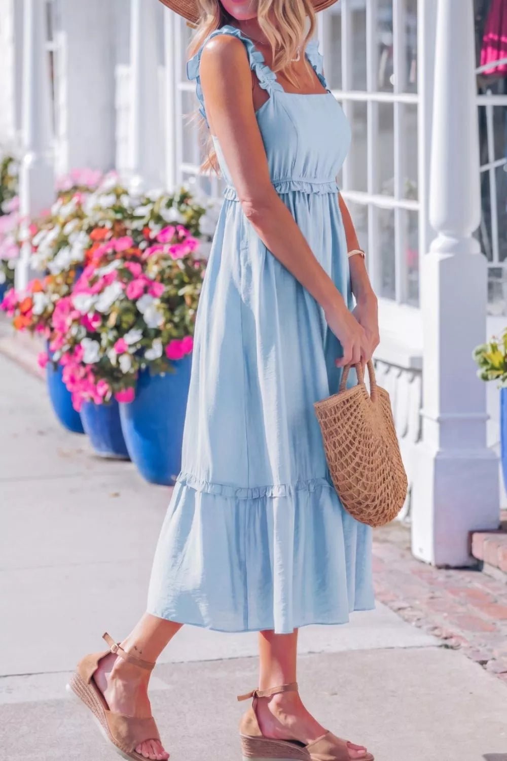 Solid Color Ruffle Trim High Waist Sleeveless Dress - Cowtown Bling N Things