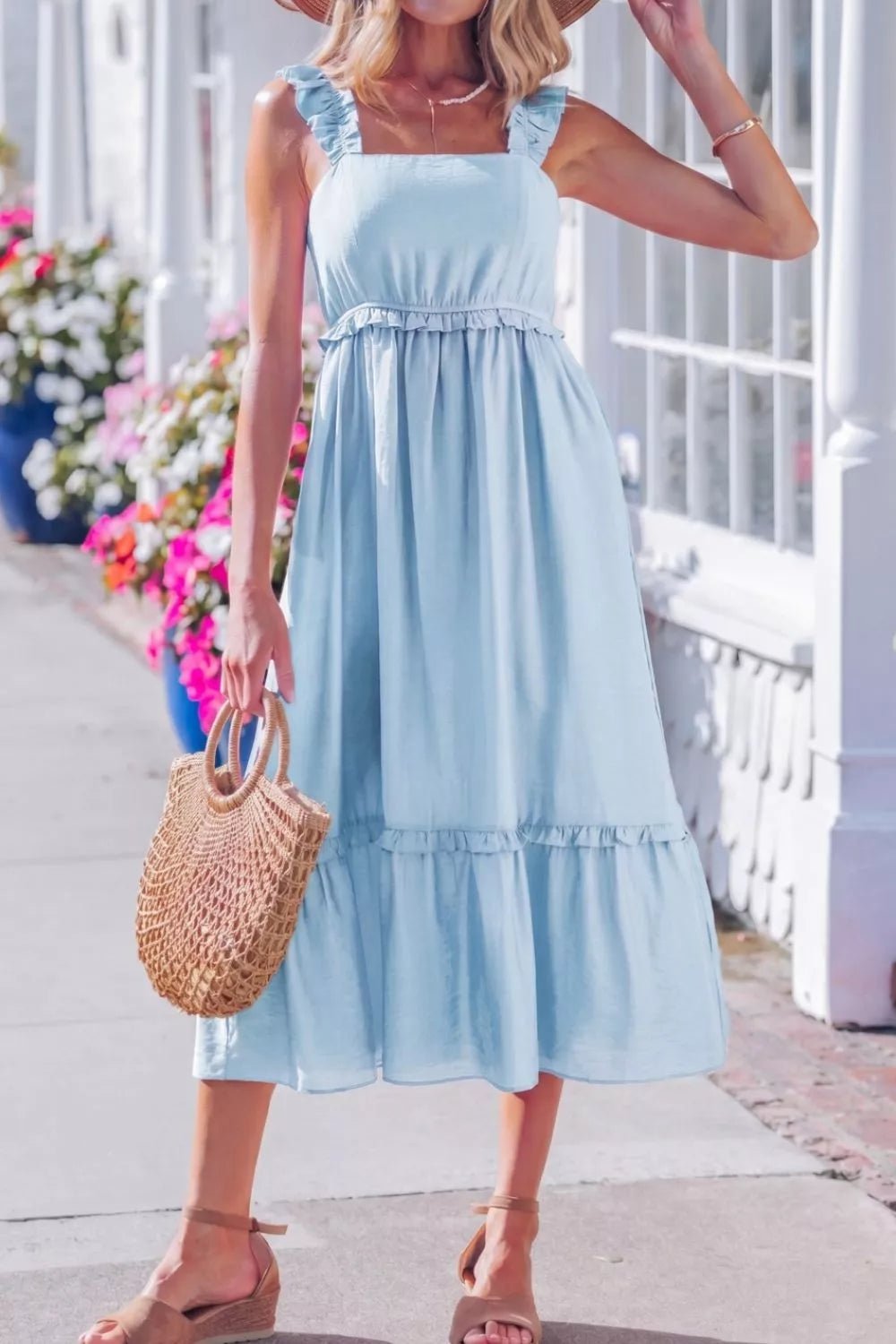 Solid Color Ruffle Trim High Waist Sleeveless Dress - Cowtown Bling N Things