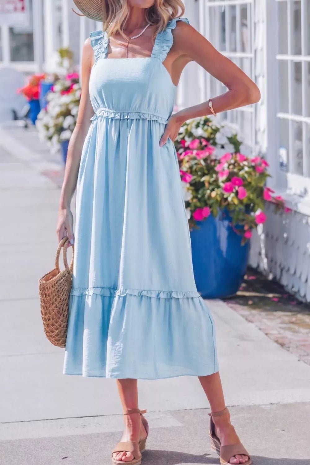Solid Color Ruffle Trim High Waist Sleeveless Dress - Cowtown Bling N Things
