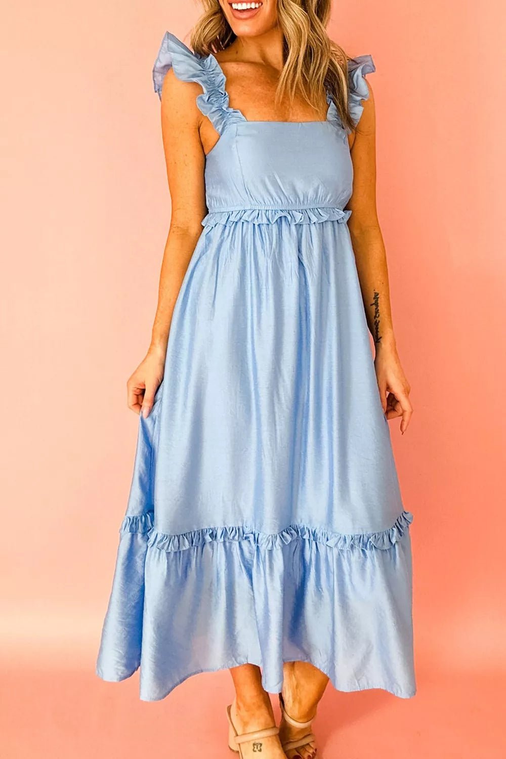 Solid Color Ruffle Trim High Waist Sleeveless Dress - Cowtown Bling N Things