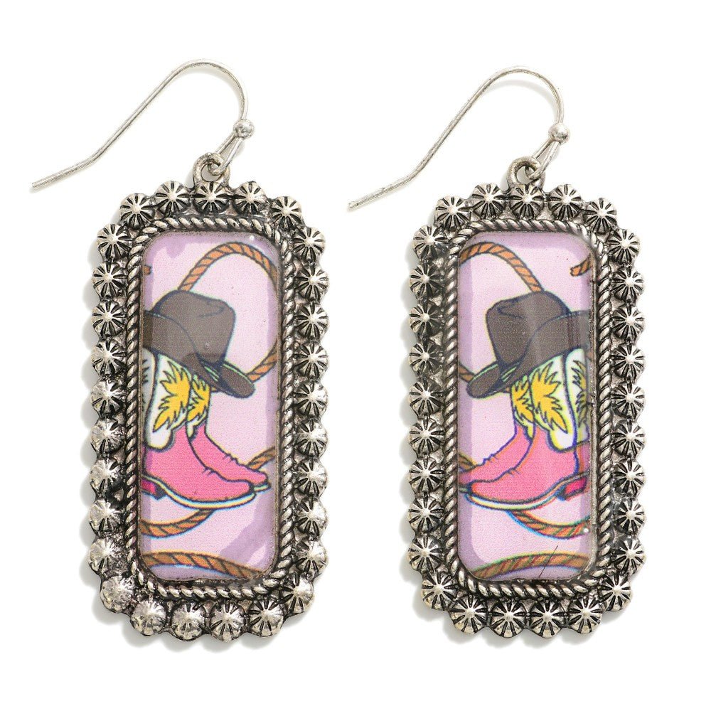 Square Western Drop Earrings With Resin Image Inlay - Cowtown Bling N Things