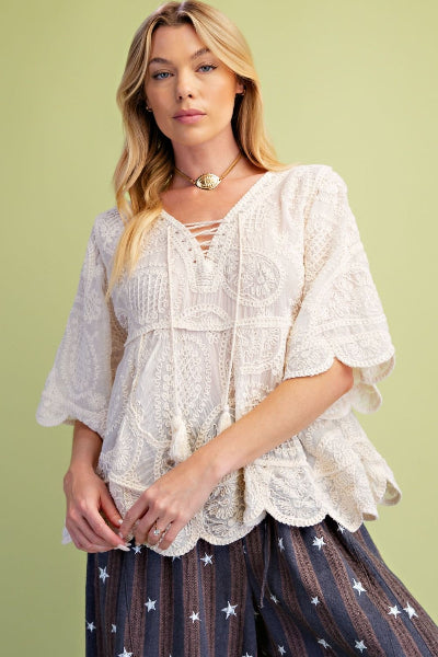 Easel Half Sleeve Embroidery Babydoll Tunic
