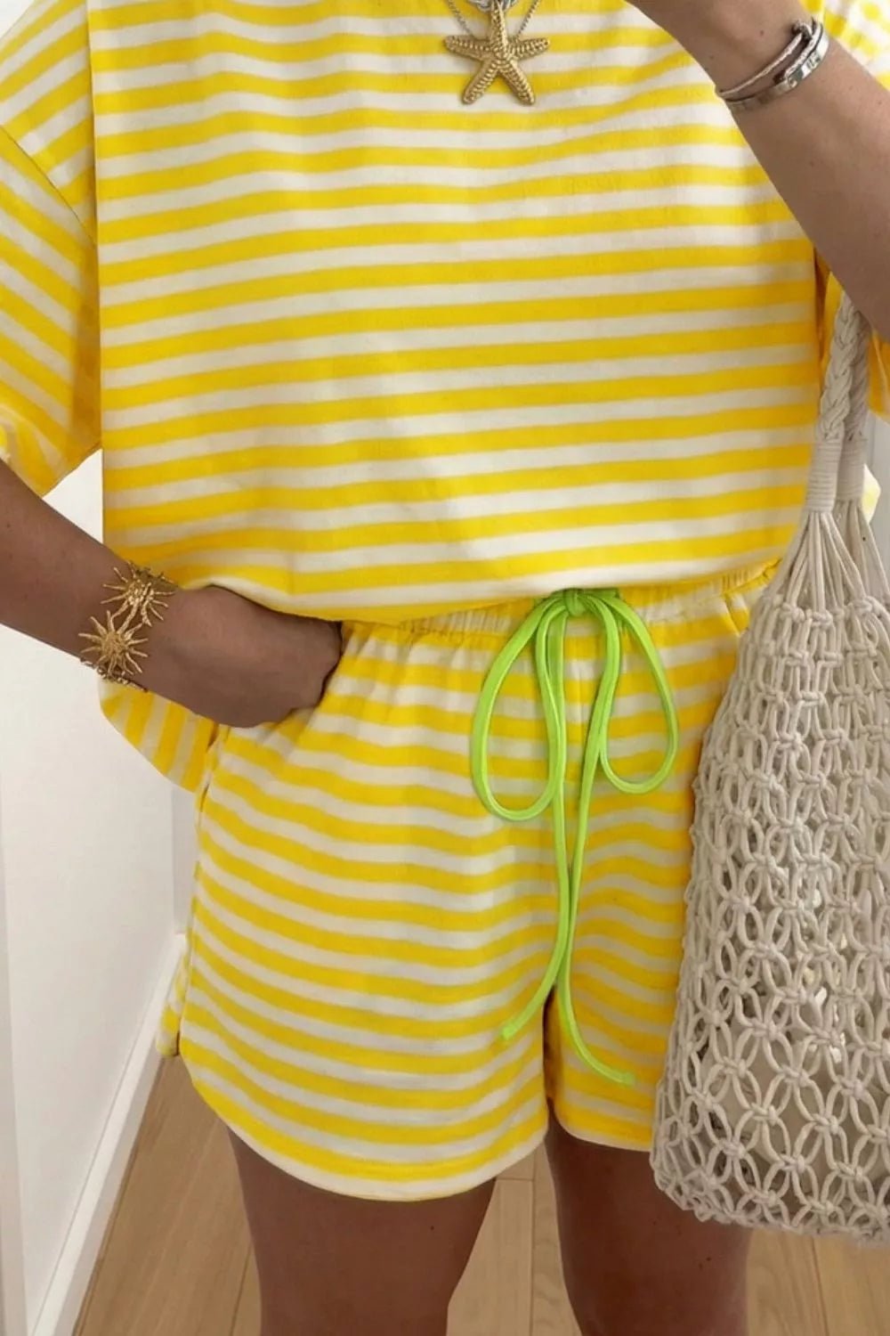 Stripe Contrast Neck Loose Tee and Drawstring Shorts Set - Cowtown Bling N Things