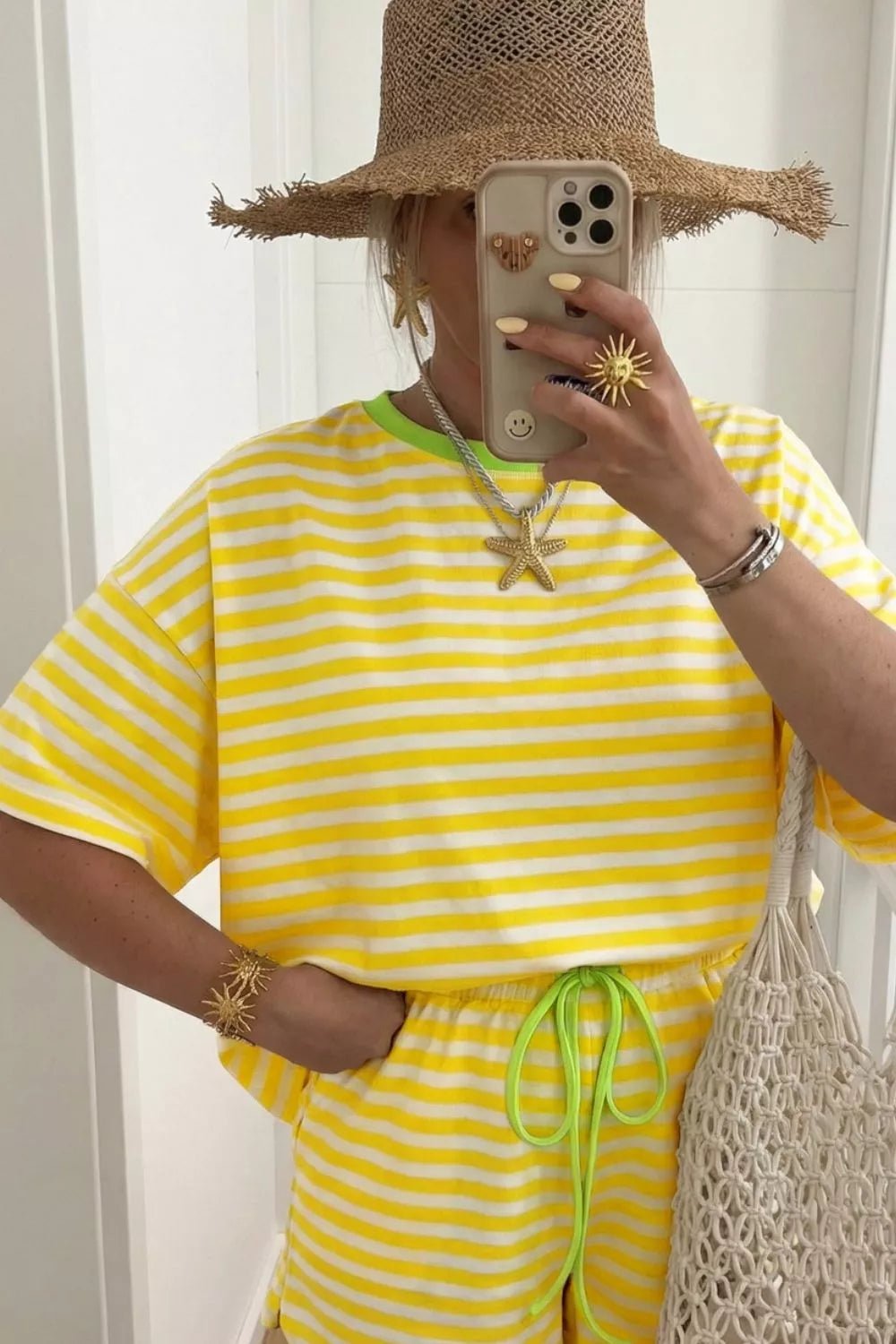 Stripe Contrast Neck Loose Tee and Drawstring Shorts Set - Cowtown Bling N Things