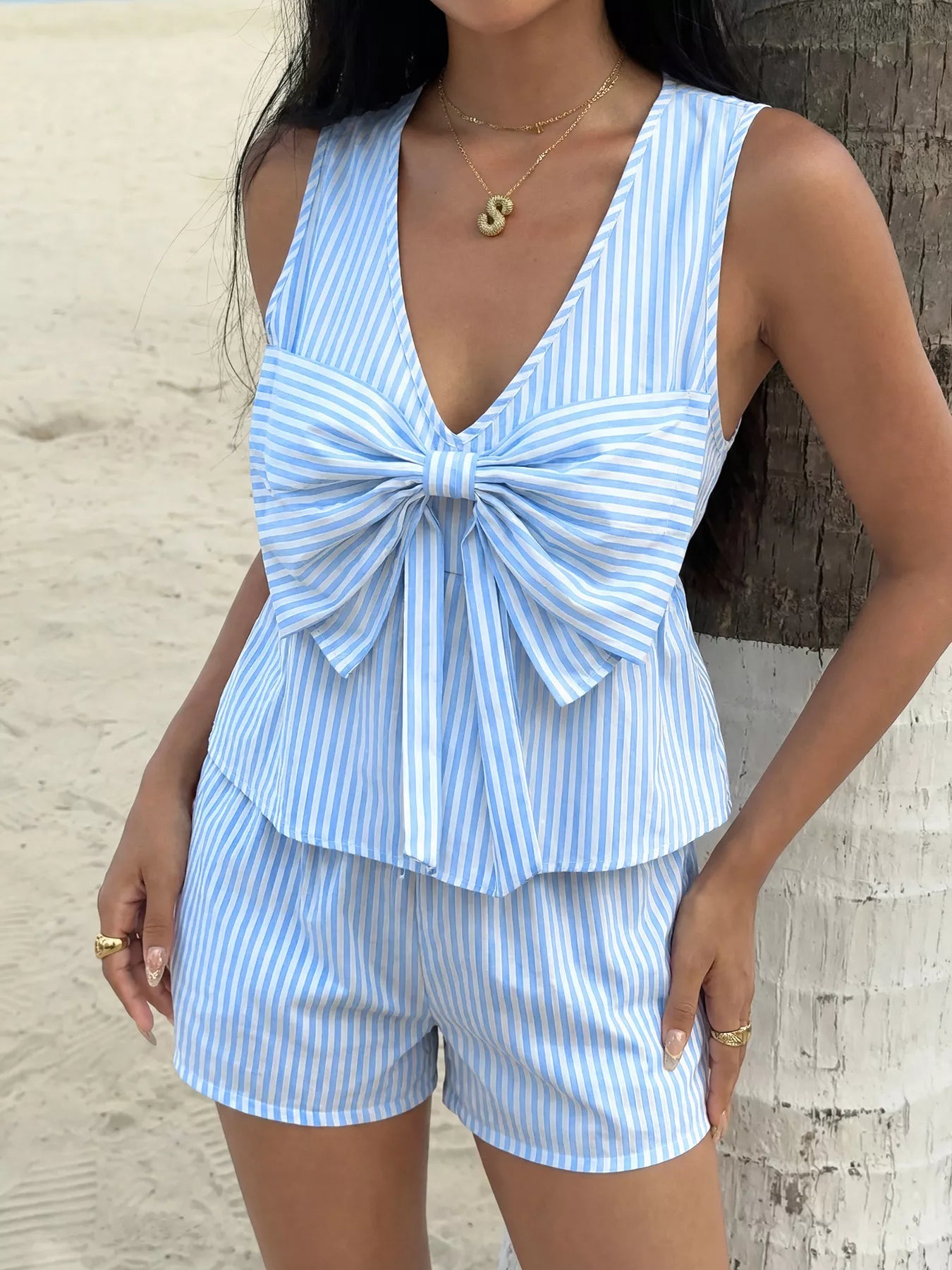 Striped Bowknot Sleeveless Top & Shorts Set - Cowtown Bling N Things